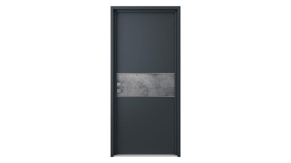 Porte d'entrée acier GUIRIDEN Porte d'entrée grise avec partie verticale effet béton au centre de la porte